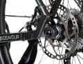 The thru axle on the rear wheel of the Kalkhoff can jam during installation and removal because the dropout does not have a clear internal stop for the hub.