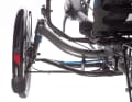Front axle with MacPherson wheel suspension. The tie rod at the bottom transmits steering impulses to the wheel. The blue rod is the stabiliser.