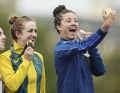 Winning trio: Great joy for Anna Henderson, Grace Brown and Chloe Dygert (from left)