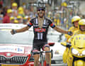 Simon Geschke celebrates after his solo ride on the 17th stage of the 2015 Tour de France. Having stepped in as a substitute for the team, he celebrates his greatest triumph on a difficult Alpine stage