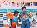Selfie-Souvenir: Verloren? Nein, glücklicher Dritter: Das Siegerpodest von Mailand-San Remo 2024 mit (von links) Michael Matthews, Jasper Philipsen und Pogačar