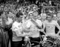 Rudi Altig (centre), who had already won the Tour of Spain in 1962, added the green jersey to the triumph in Saint-Raphaël at the Tour de France by the winner Jacques Anquetil. On the left in the picture: Spaniard Federico Bahamontes