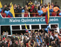 Second place in the Tour makes Quintana a popular hero in Colombia. Thousands of fans cheer him on as he arrives in Bogota