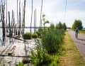 Marais de Peene Au nord du lac de Kummerow, la Peene forme un paysage de marais. Les cyclistes le traversent en pédalant sur une digue.