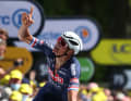 Mathieu van der Poel commemorates his grandfather Raymond Poulidor during his Tour de France stage win.