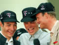 Riis (right), Ullrich (centre) and Erik Zabel (left) at the reception on the balcony of Bonn City Hall after the 1997 Tour de France