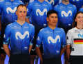 Liane Lippert at the Movistar team presentation in December with Enric Mas (left) and Nairo Quintana (centre).