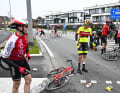Shortly after the start there is a mass crash in the peloton