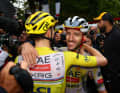 ROUGE // Maillot Jaune vainqueur au classement général Pogacar Tadej (Slovénie / UAE Team Emirates - XRG) avec à droite Yates Adam (Grande-Bretagne / UAE Team Emirates - XRG) - Tour de France 2025 - 21ème étape Mantes-la-Ville - Paris - Champs-Elysees - TdF -