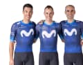 The jersey of top rider Enric Mas (centre) remains dark blue, but is given a more futuristic look 