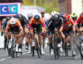 At the Four Days of Dunkirk, De Lie (second from right in front) is involved in a crash in the final sprint of stage 1