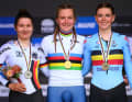 Contre-la-montre individuel des juniors filles : Or Zoe Backstedt (Grande-Bretagne), argent Justyna Czapla (Allemagne), bronze Febe Jooris (Belgique)