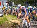 At the start of the race, the field is still travelling as a group