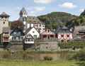 Romantic: church, defence tower, half-timbered house: medieval ensemble in Dausenau an der Lahn.