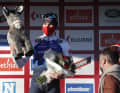 There's the thing! Fabio Jakobsen is delighted with the winning donkey at Kuurne-Brussels-Kuurne.