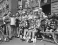 Different times: Staged photo opportunities for the press were commonplace back then. Here, Team KAS are posing and playing music at the 1964 Tour de France