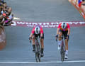 At the finish line in Piazza del Campo, Demi Vollering (right) was just ahead of team-mate Lotte Kopecky