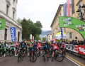 The peloton at the start of stage 4 of the Tour of the Alps 2023 in Rovereto