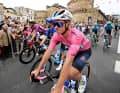 Remco Evenepoel in the pink jersey at the start