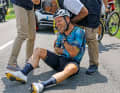 Pain: Britain's Mark Cavendish crashes on stage 8 of the Tour de France. He misses out on his 35th stage win. His plan: to compete again in 2024.