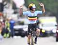 Remco Evenepoel celebrated his victory in the time trial at the 2024 World Cycling Championships before crossing the finish line