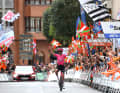 Ben Healy celebrates victory on stage 5 of the Tour of the Basque Country.