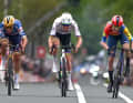 The men's Flèche Wallone could once again come down to a three-way battle between Remco Evenepoel (left), Tadej Pogačar (centre) and Mattias Skjelmose (right), as it did at the Amstel Gold Race