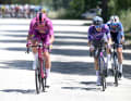 Shortly after the start of the race, three riders broke away. One of them was Mads Pedersen (left). He also secured the first intermediate sprint of the day. The trio was then dropped again