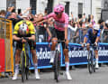 Isaac del Toro (UAE Team Emirates - XRG) finished in third place and comforted the exhausted and disappointed Wout Van Aert (Team Visma | Lease a Bike).