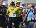 Olav Kooij (Team Visma | Lease a Bike) congratulates his team-mate on his victory. With the stage win, he also took the overall lead.