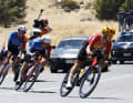 After the trio was caught up again for the first intermediate sprint, Martin and Urianstad then broke away again - this time with Martin's team-mate Enzo Paleni (centre).