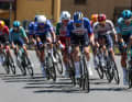 The original twelve-man leading group with Nico Denz (Red Bull - BORA - hansgrohe) at the front.