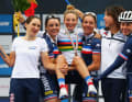 Pauline Ferrand-Prévot, en maillot arc-en-ciel, championne du monde en 2014