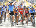 Mark Cavendish celebrates his first Tour de France stage win in Chateauroux.
