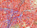 Now it's getting confusing. There are so many roads and paths in cities. If you zoom in further than in the previous view, all the paths still to be explored appear in red.