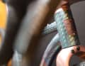Kocmo is really letting his creativity run wild on the 32-inch gravel bike prototype, conjuring up a glittering anodised finish on the glass-bead-blasted titanium of the short head tube.