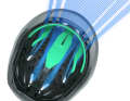 Integrated "crumple zones", shown here in green, are designed to deform in a targeted manner in the event of a collision and thus divert the energy away from the head.