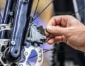Verölte Beläge lassen Rennrad-Scheibenbremsen quietschen, sie müssen ausgetauscht werden: ­Sicherungssplint und Schraube entfernen – dann können die Beläge einfach nach oben herausgenommen werden.