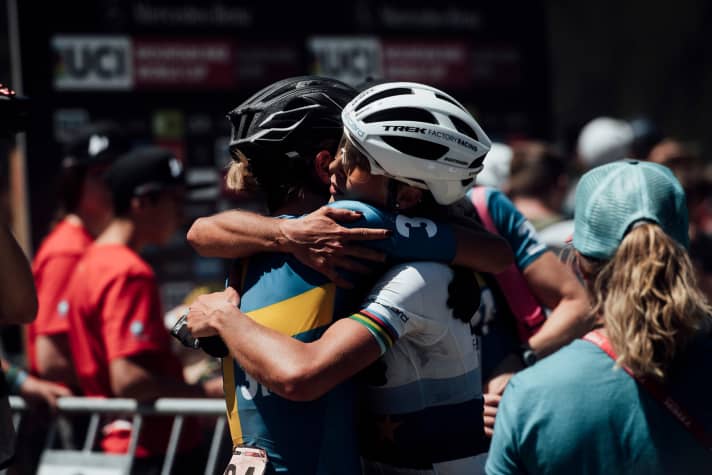   Jolanda Neff and Jenny Rissveds seen at UCI XCO World Cup in Vallnord, Andorra on July 7th, 2019