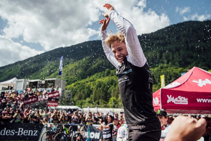   Laurie Greenland celebrates at UCI DH World Cup in Val di Sole, Italy on August 3rd, 2019