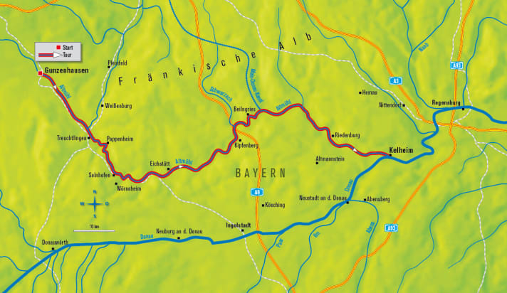   Die Route des Altmühltal-Panoramawegs in der Übersichtskarte.