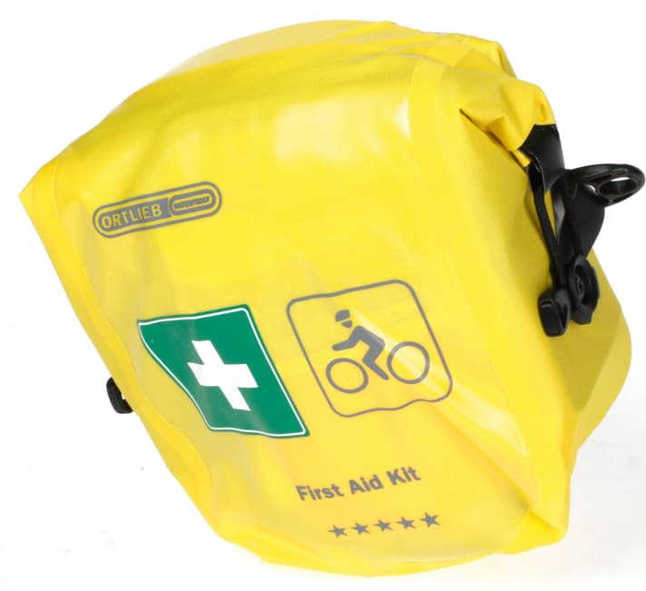 Erste-Hilfe-Paket für die Bike Tour: Hat im Test wegen seines durchdachten Verbandsortiments und Erste-Hilfe-Anleitung am besten abgeschnitten: First Aid Kit von Ortlieb, 49,95 Euro
