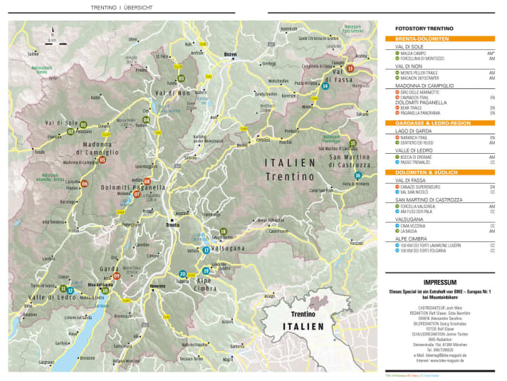 Übersichtskarte: Die 20 schönsten Mountainbike-Touren im Trentino.