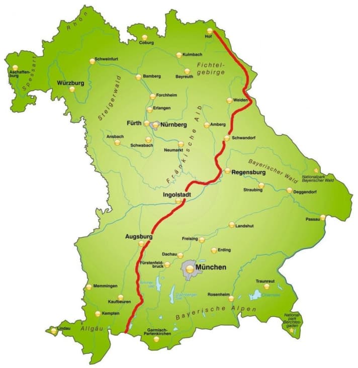   Die grobe Route für den ersten Teil des Deutschland-Trails: Einmal vom Alpenrand quer durch Bayern bis nach Thüringen.