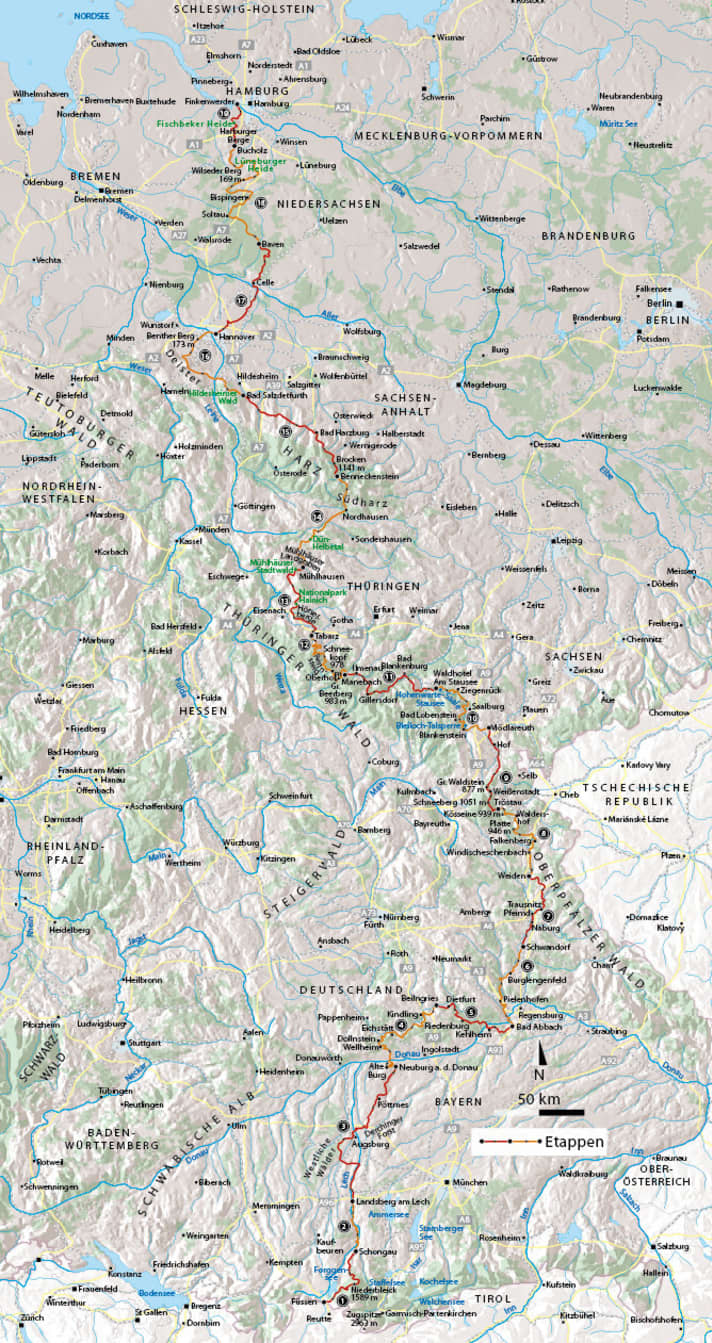   Die geplanten Etappen zum Deutschland-Trail