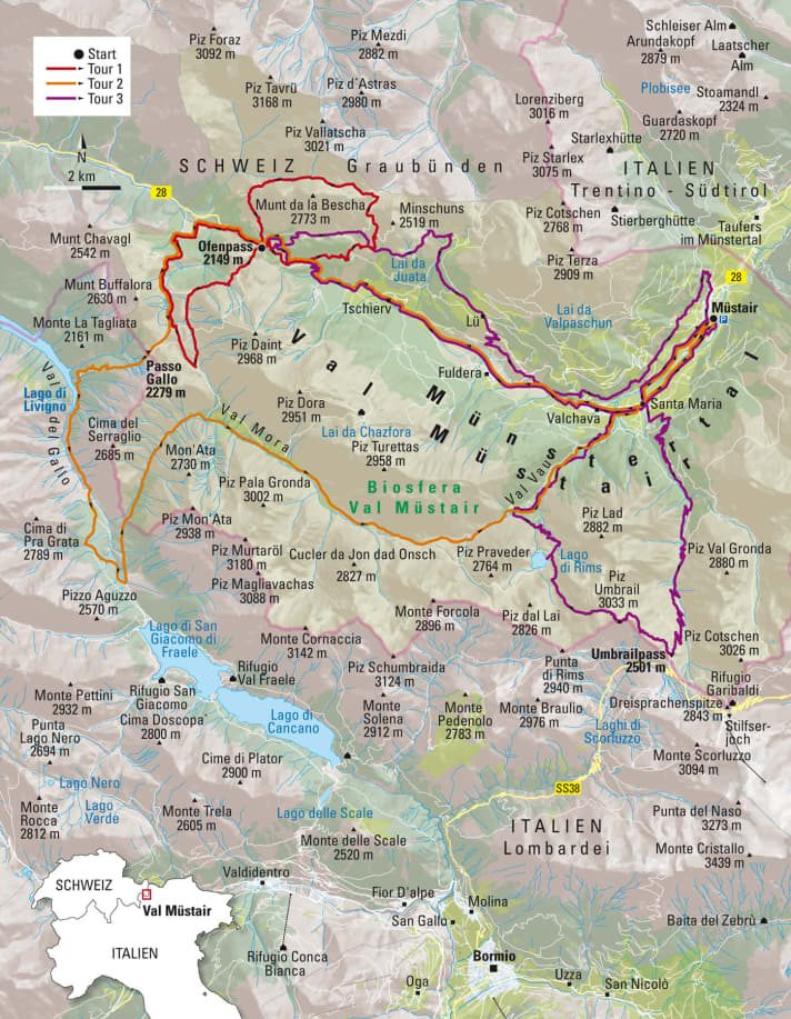   Die Karte zu den drei MTB-Touren im Val Müstair aus BIKE 12/18.