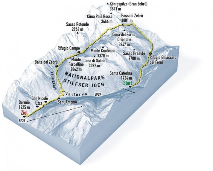   Die Passo-Zebru-Abfahrt in der Karte
