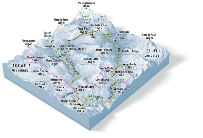   Grenzerfahrung: Die Mega-Runde führt über die schönsten Trails der Alta Rezia und dabei etwa zu einem Drittel durch die Schweiz. Wer die Tour an einem Tag schaffen will, steht besser früh auf. Reserveakku und ein zusätzliches Ladegerät sollte man für alle Fälle im Gepäck haben.
