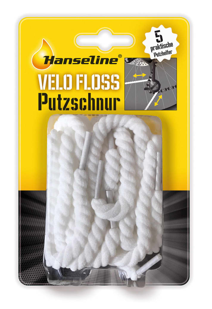   Eine Schnur zum Putzen? Mit der <a href="https://www.awin1.com/cread.php?awinmid=11768&awinaffid=471469&clickref=B+Pflege+Floss+Putzschnur&ued=https%3A%2F%2Fwww.rosebikes.de%2Fhanseline-velo-floss-putzschnur-2673183" target="_blank" rel="noopener noreferrer nofollow">Velo Floss Putzschnur von Hanseline</a> * kann man auch die verwinkelten Zwischenräume reinigen, wo man sonst nur schwer hinkommt. Beispielsweise die Zwischenräume zwischen den Ritzeln, die Achsen oder gewisse Stellen der Kurbel. Das 5er-Set der 51 Zentimeter langen Schnur aus reißfesten Microfasern kostet sechs Euro.