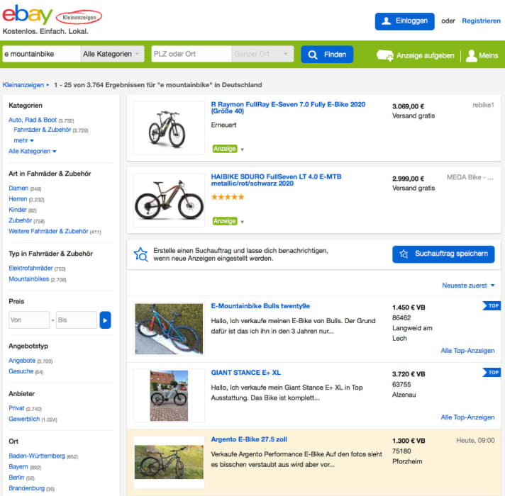   Die beste Plattform für den Gebrauchtkauf bleibt ebay-Kleinanzeigen. Das Angebot reicht von schrottreifen Uralt-Bikes bis zu aktuellen Top-Modellen.